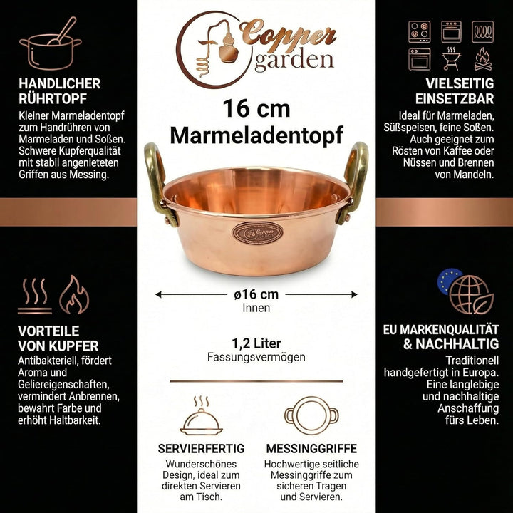 CopperGarden Sossen- & Marmeladentopf 1,2 Liter I Kochtopf aus Kupfer mit 16 cm Durchmesser I handli