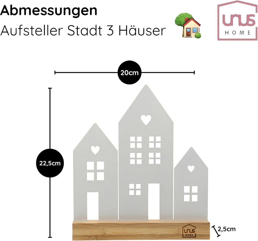 UNUS Häuser-Aufsteller Stadt, mit 3 Häusern, in Weiss, Frühlingsdeko aus Metall für Fenster, Tisch o