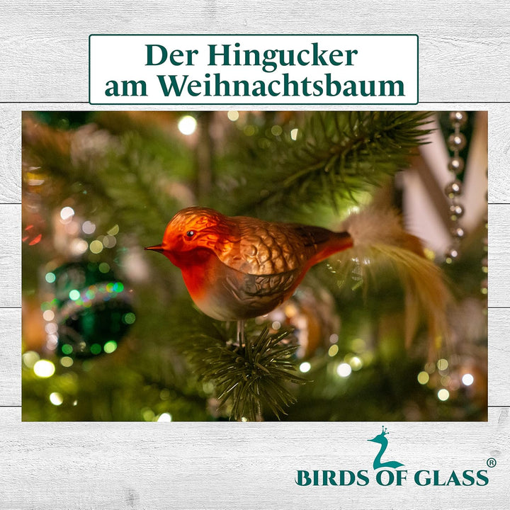 Birds of Glass® Glas-Vogel, Rotkehlchen mit Naturfeder, Glasschmuck Made in Germany aus eigener Hers