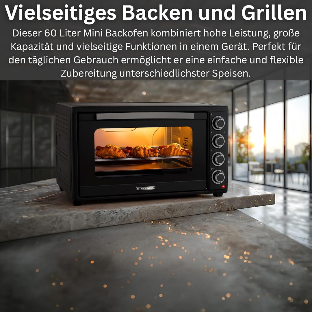 Steinborg® Mini Backofen 60 Liter mit Umluft & Drehspiess, 2000W Tischbackofen gross XXL, 100–230°C,
