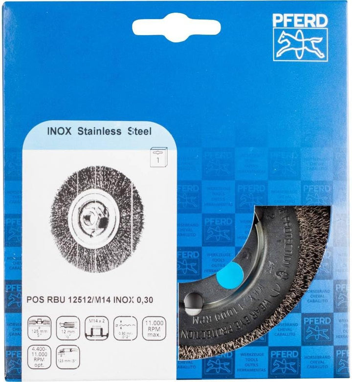 PFERD Rundbürste ungezopft RBU | Ø 125x12mm M14 Edelstahl-Draht-ø 0,30 | 43502302 – für Winkelschlei