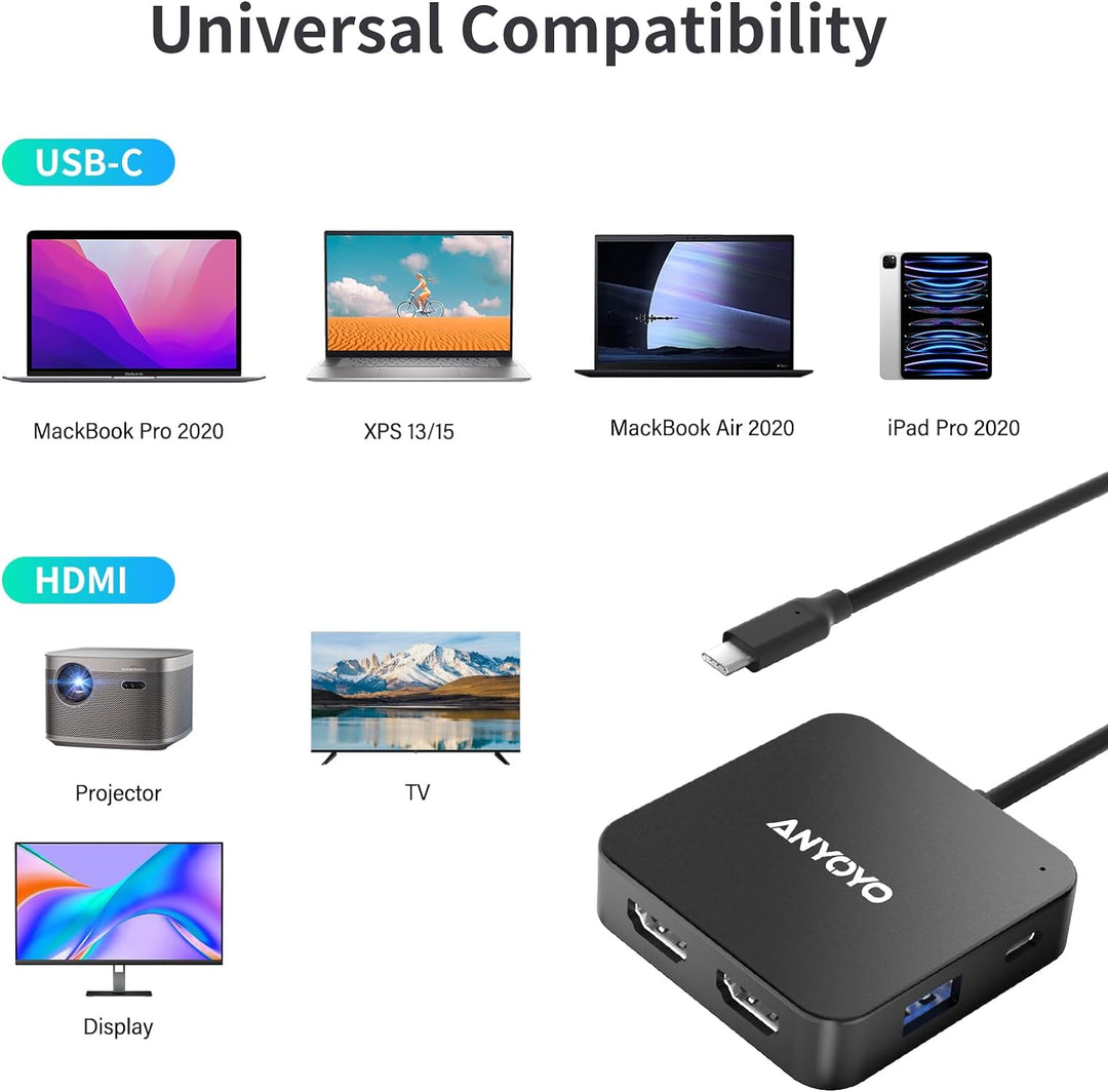 USB C auf Dual 4K 60Hz HDMI Adapter, USB C Hub Dual 4K HDMI, USB C Daten, 100W PD, USB 3.0, Docking