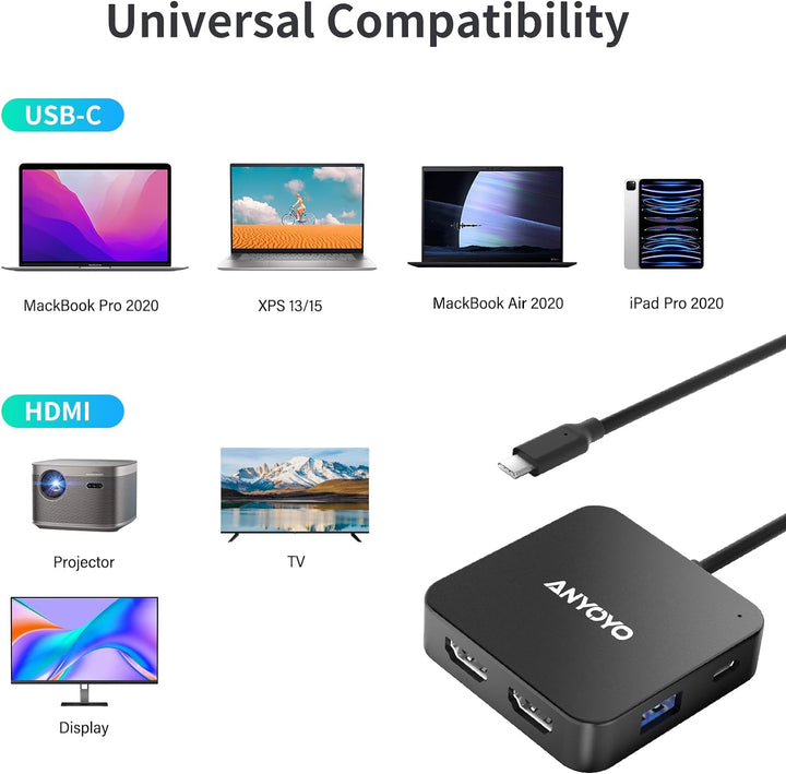 USB C auf Dual 4K 60Hz HDMI Adapter, USB C Hub Dual 4K HDMI, USB C Daten, 100W PD, USB 3.0, Docking