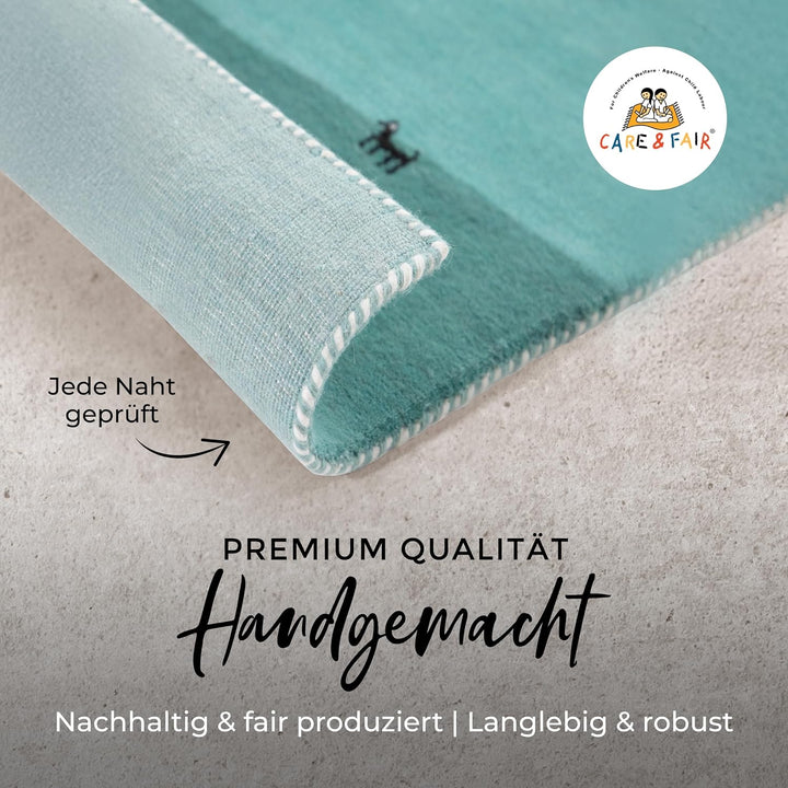 carpetfine Wollteppich Gabbeh Uni Türkis 60x90 cm | Moderner Teppich für Wohn- und Schlafzimmer 60x9