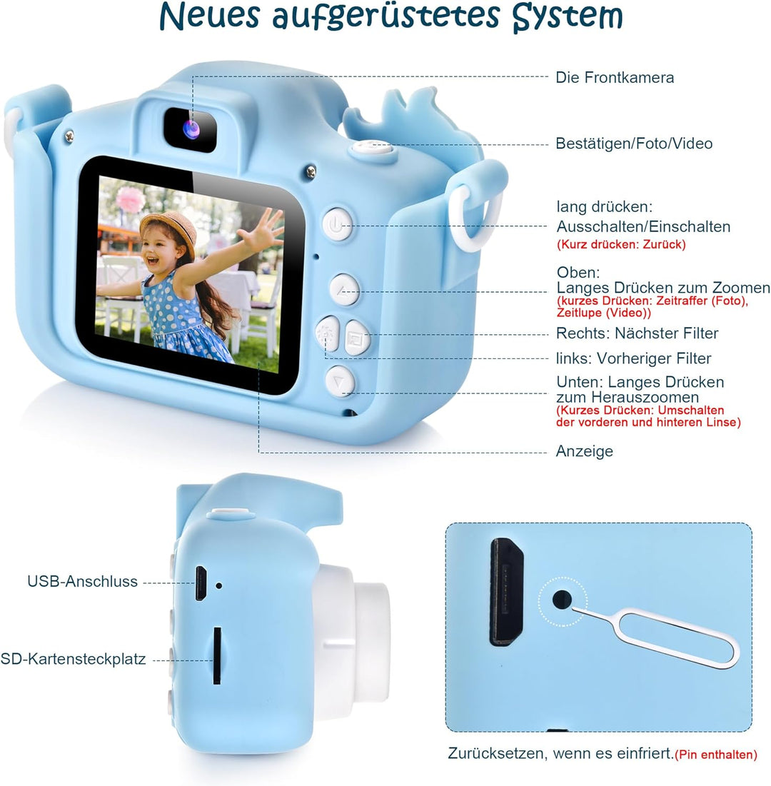 ARNSSIEN Kinderkamera, Digitalkamera Kinder mit HD IPS Bildschirm, 10 Denkspiele & Vollständiger Obj