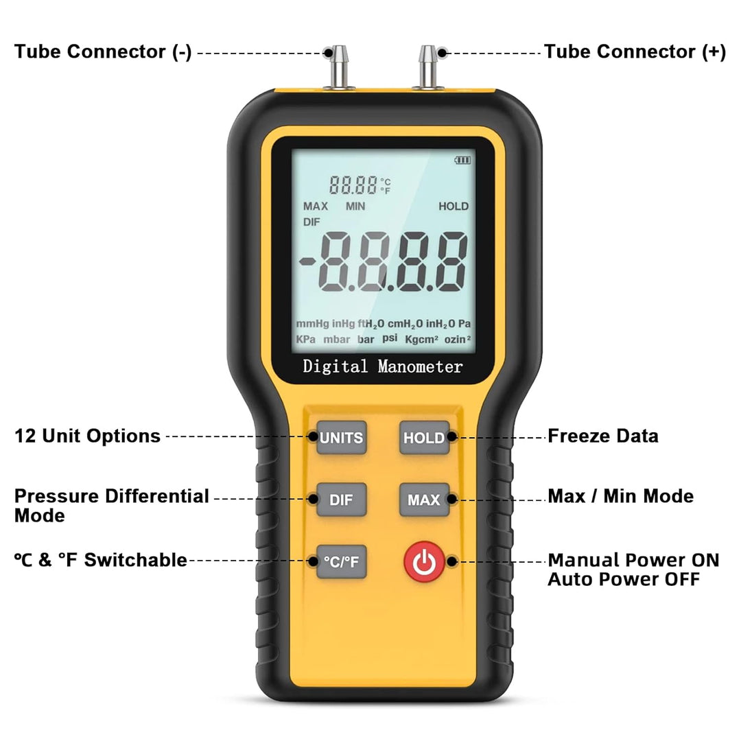 BTMETER Manometer Gas Air Pressure Meter, Dual Port Manometro Pressure Differential Gauge, for HVAC