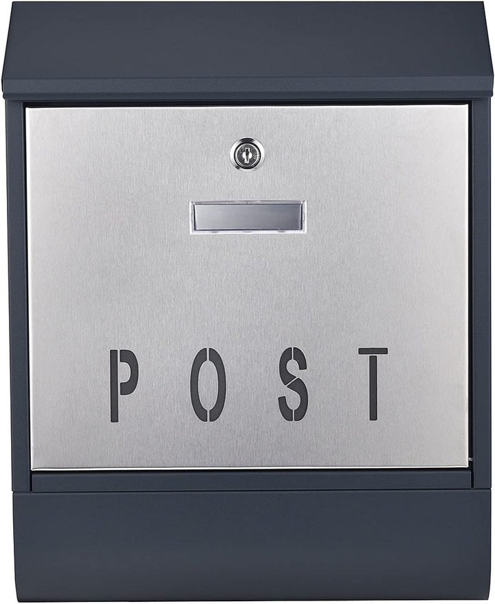Wiltec Designer Briefkasten V38 Anthrazit und Edelstahl 305 x 105 x 385 mm, Wandbriefkasten mit Schl