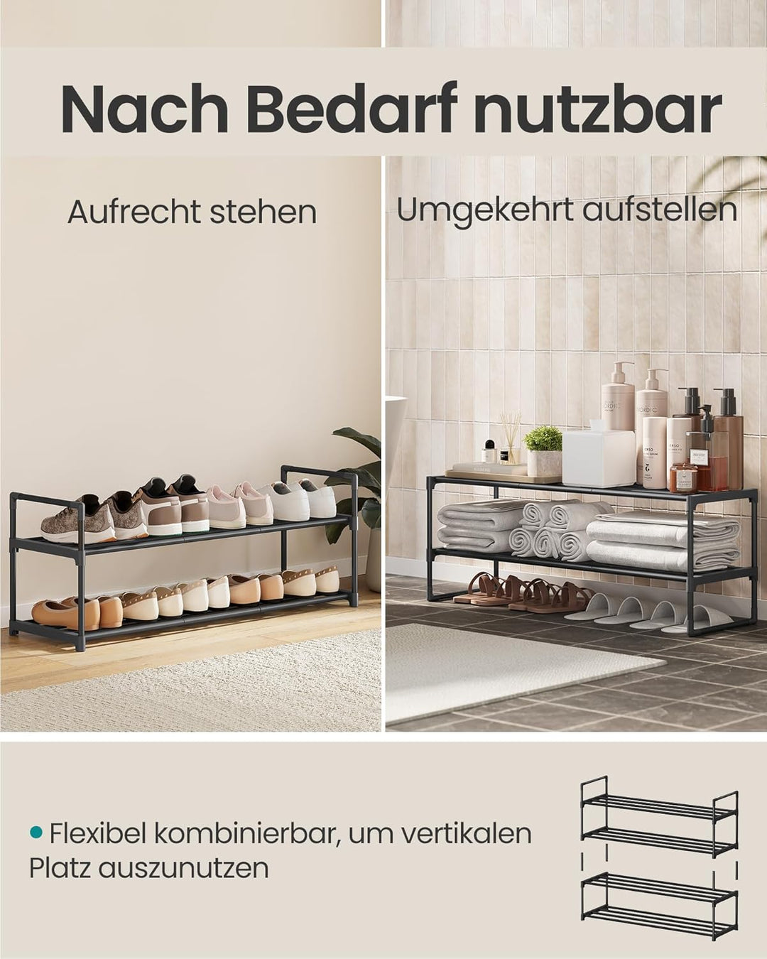 SONGMICS Schuhregal 2 Ebenen, Schuhständer Metall, Schuhaufbewahrung, Schuh-Organizer, aufrecht oder