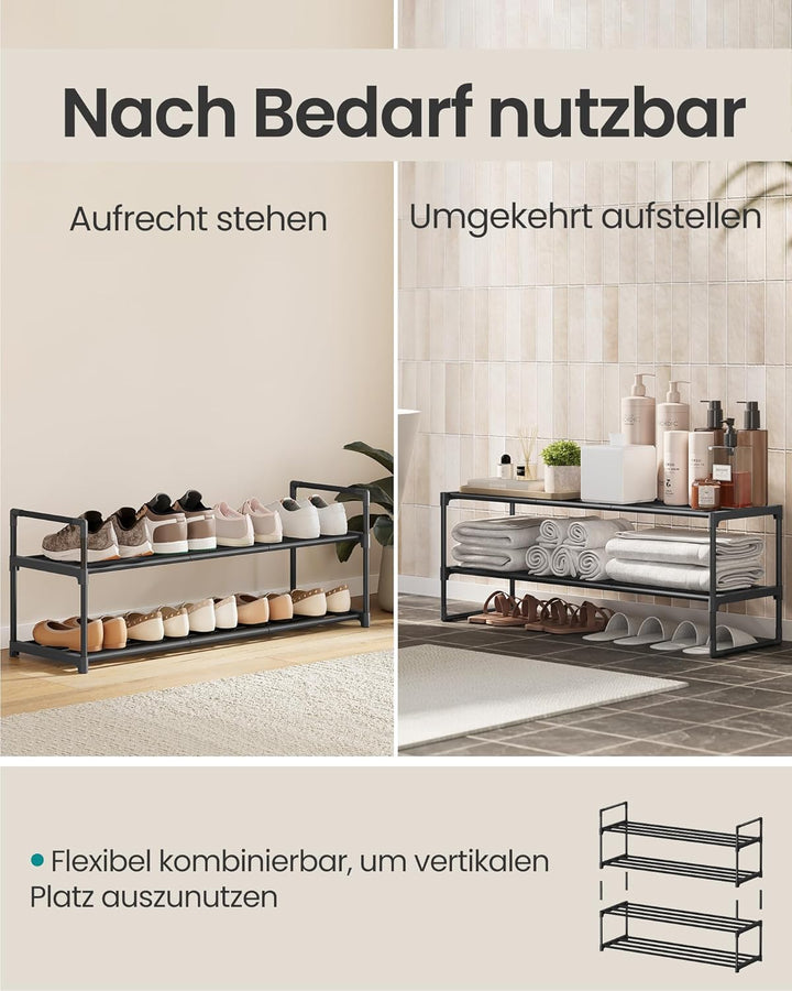 SONGMICS Schuhregal 2 Ebenen, Schuhständer Metall, Schuhaufbewahrung, Schuh-Organizer, aufrecht oder