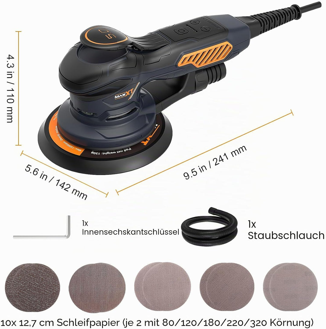 MAXXT Bürstenlos Orbital-Schleifer für 6-Zoll-Papiere, Elektro-Random-Orbital-Schleifer mit 10000 U/