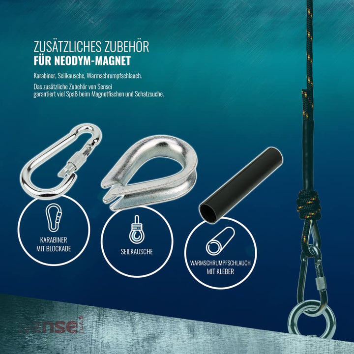 SENSEI Set 600 kg, N52 Neodym-Magnet mit Öse, Ø12 x H2 cm, Segelseil 25 m, Schutzhandschuhe + Zubehö