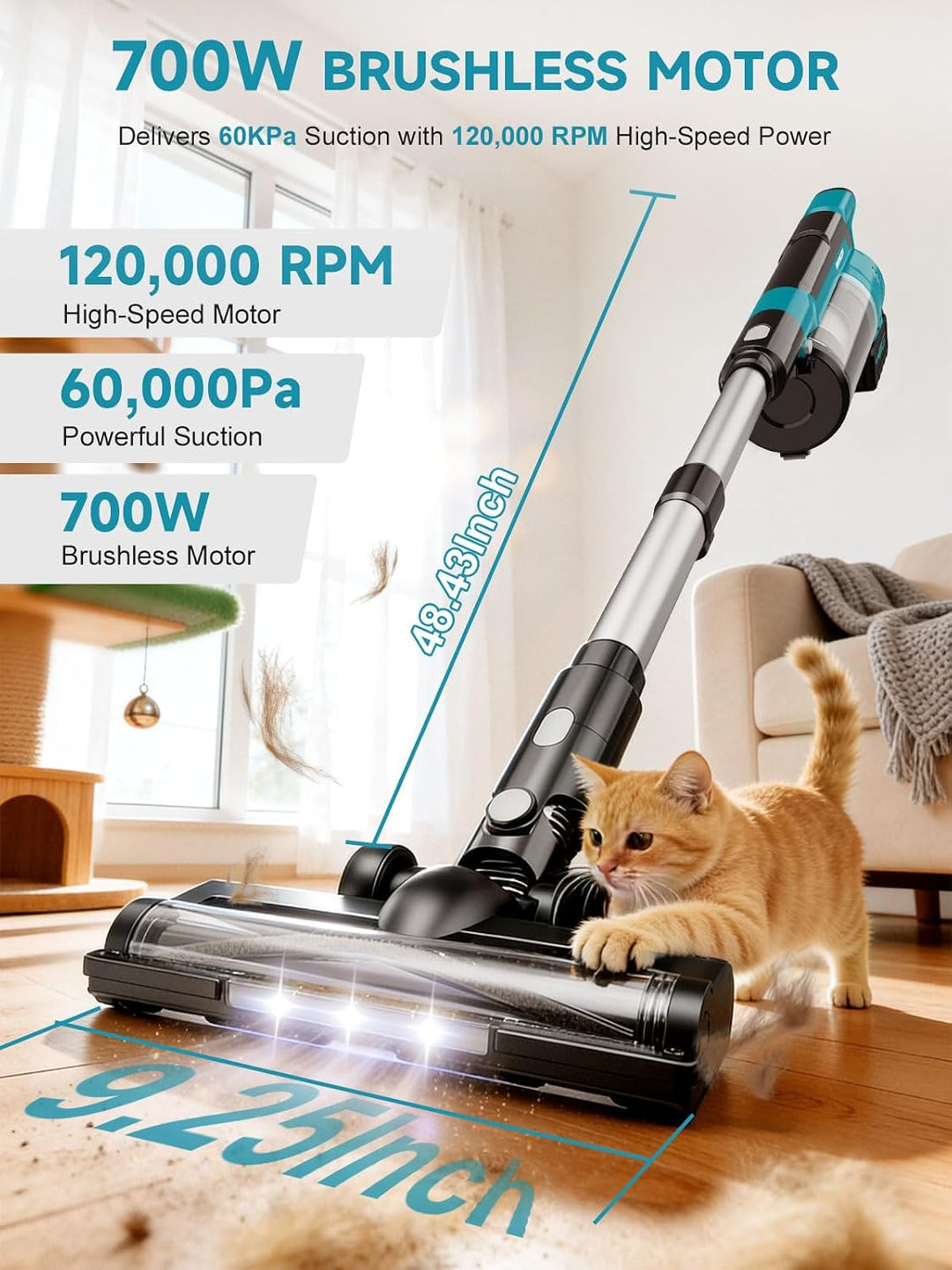 Akku Staubsauger 60000Pa/700W/70Min, 2,0 L Staubsauger Kabellos mit Display, 6-in-1 Vacuum Cleaner,