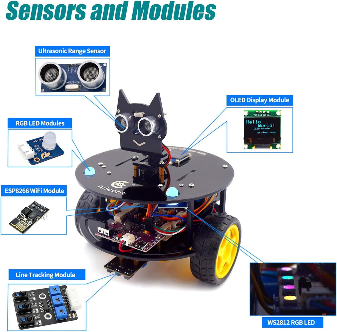 Adeept Smart Car Kit(Compatible with Arduino IDE), Line Tracking, Obstacle Avoidance, OLED Display,