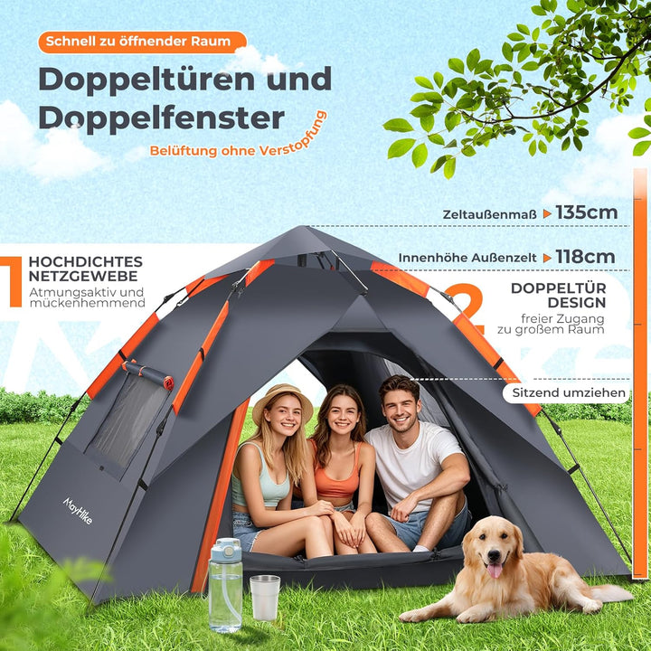 Camping Zelt 2 Personen Wurfzelt – Automatik Pop Up Zelt wasserdicht 3000mm mit 2 Türen und 2 Fenste