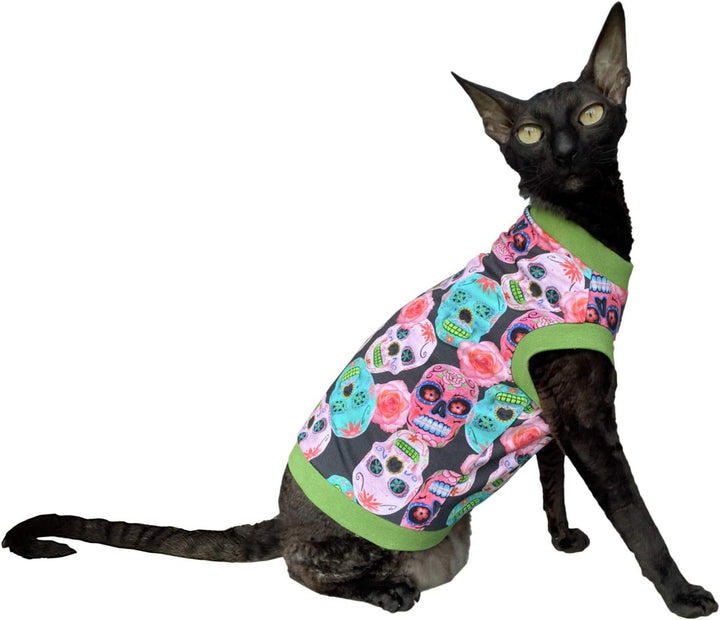Kotomoda T-Shirt fьr Sphynx-Katzen, haarlos, Baumwolle, Stretch, mexikanische Schдdel, Grцяe S, S