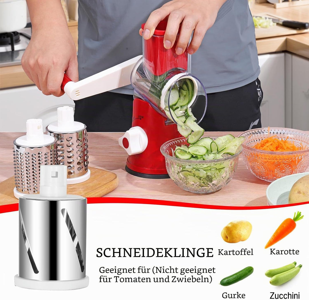 Dreamhigh® Käsereibe mit Kurbel, Gemüseschneider mit 3 Edelstahl Austauschbaren Trommelklingen, Manu
