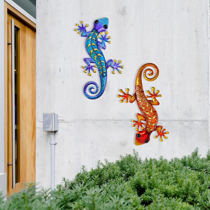 HONGLAND Metall-Gecko-Wandkunst, 38,1 cm, Eidechse, Outdoor-Dekoration, hängende Glas-Skulptur, 2 St