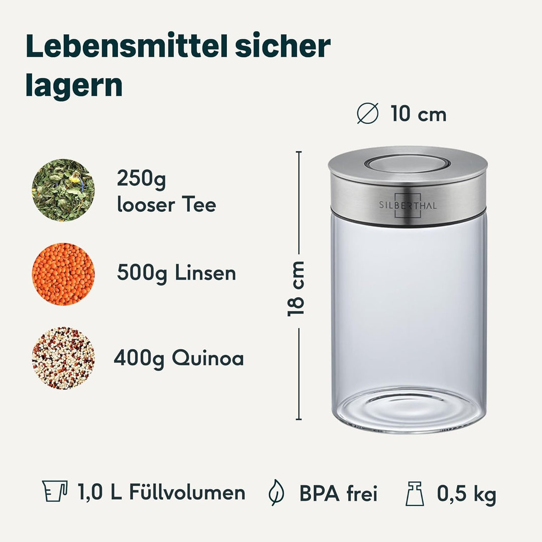 SILBERTHAL Vorratsdosen Glas mit Deckel 1000 ml - Vorratsgläser mottensicher für luftdichte & auslau