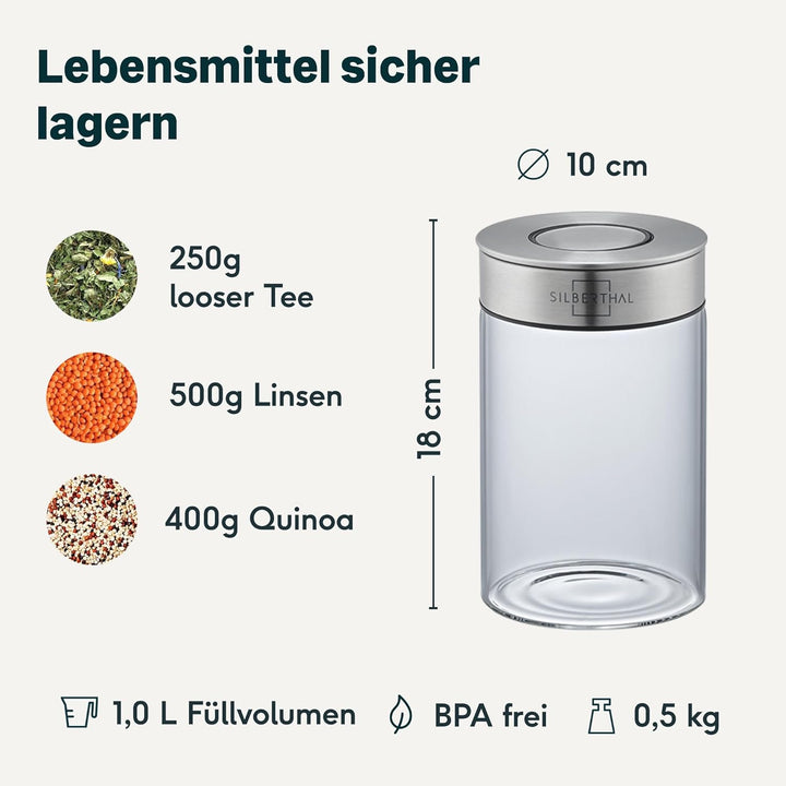 SILBERTHAL Vorratsdosen Glas mit Deckel 1000 ml - Vorratsgläser mottensicher für luftdichte & auslau