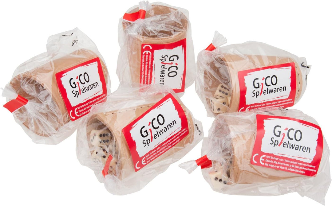 GICO Leder Würfelbecher Standard (9 cm) mit 6 Würfeln im 5er Set - 5902-5