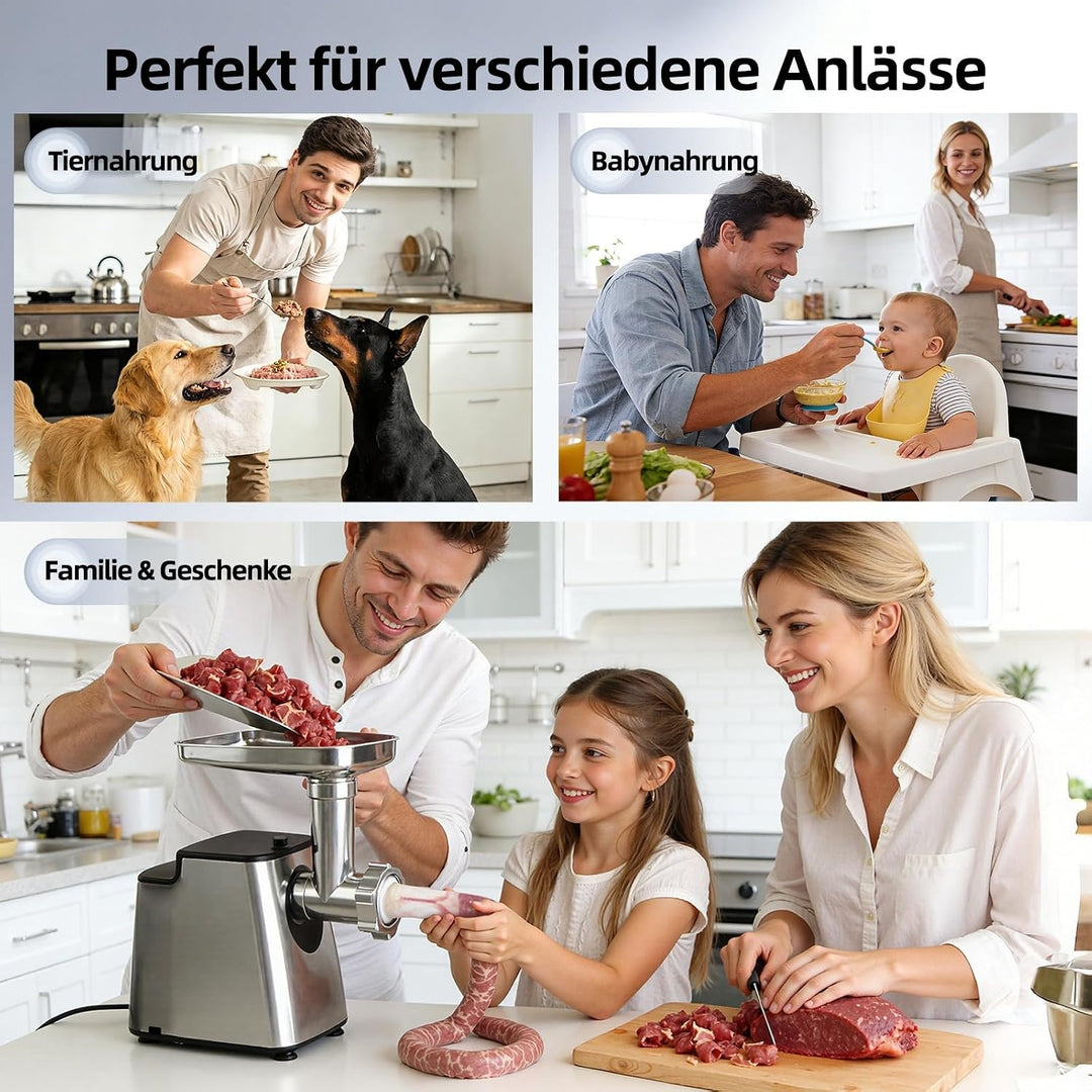 FIMEI Elektrischer Fleischwolf, 4-in-1 Fleischwolf mit 3 Lochscheiben, 2 Klingen, 3 Wurstfüller, Kub