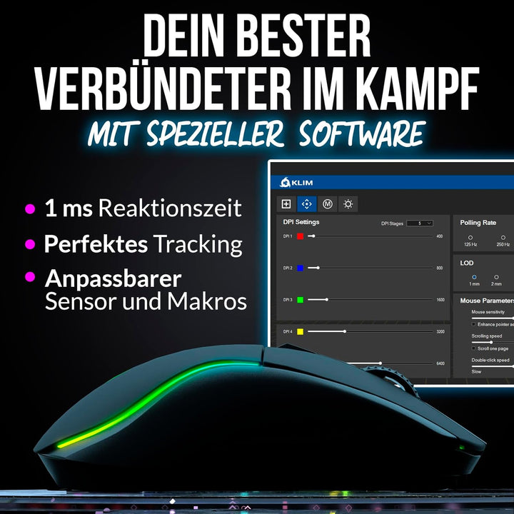 KLIM Blaze Y Wiederaufladbare kabellose Maus - NEU - Gaming Maus mit RGB und Ladestation - Hochpräzi