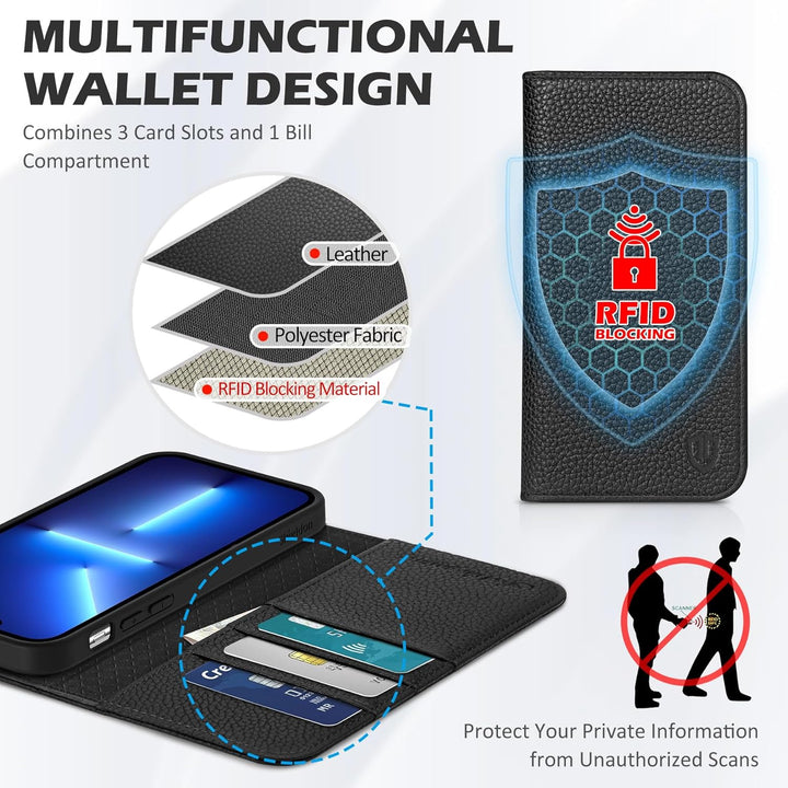 SHIELDON Hülle für iPhone 13 Handyhülle [Litschi Echtleder] [Verdicht TPU] [Kartenfach] [Magnet] [St