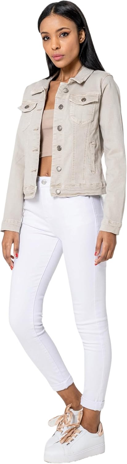 Nina Carter J212 Damen Slim-Fit Jeansjacke – Farbige Übergangsjacke mit Kent-Kragen und Taschen – Fr