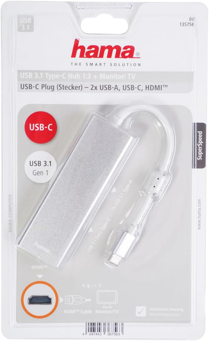 Hama USB 3.1 Type-C Hub, 3-fach, mit HDMI-Port (2x USB-A, 1x USB-C, 5 Gbit/s Super-Speed, 4k Ultra-H