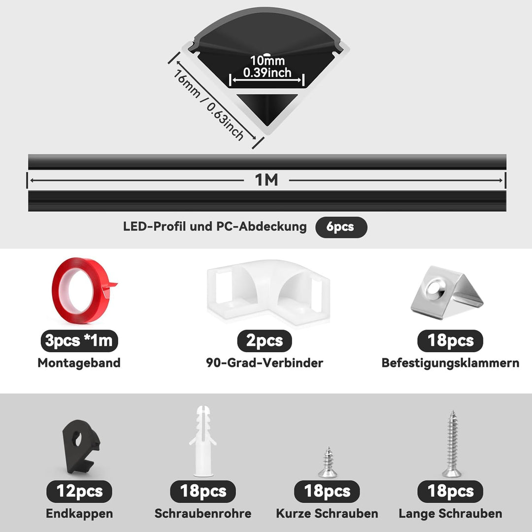 HOMMAND 6 x 1m/3,3ft LED Kanal V-Form, LED Streifen Kanal und Diffusor mit Eckverbinder, Klebstoff,