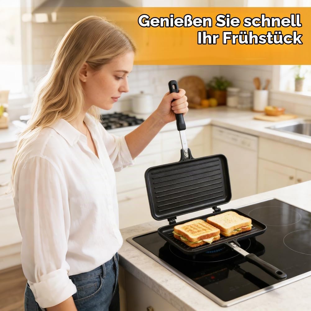 Bratpfanne Doppelseitig, Doppelpfanne Toastpfanne mit Hitzebeständigem Griff Antihaftbeschichtete To