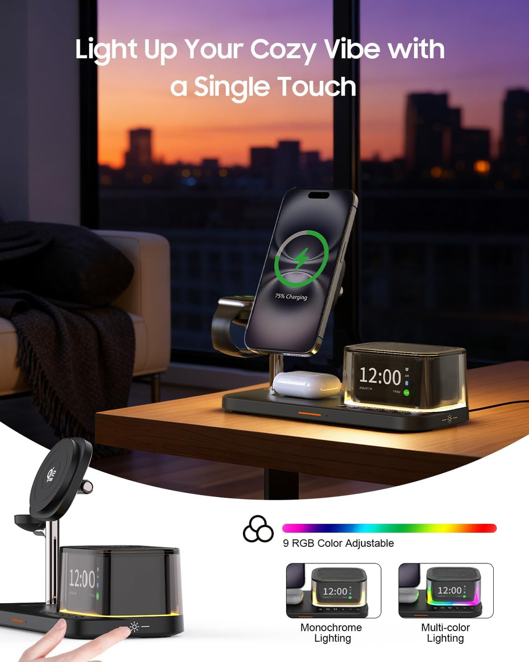 7-in-1 kabelloses Ladegerät, Bluetooth-Lautsprecher mit Wecker, 25W Handy-Schnellladung, Stimmungsli