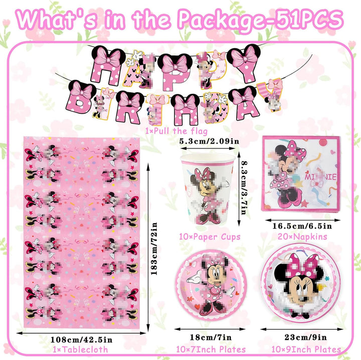 Pappteller Kindergeburtstag Geschirr Party Deko Mädchen-52PCS Rosa Mini Mouse Pappteller Tischdecke