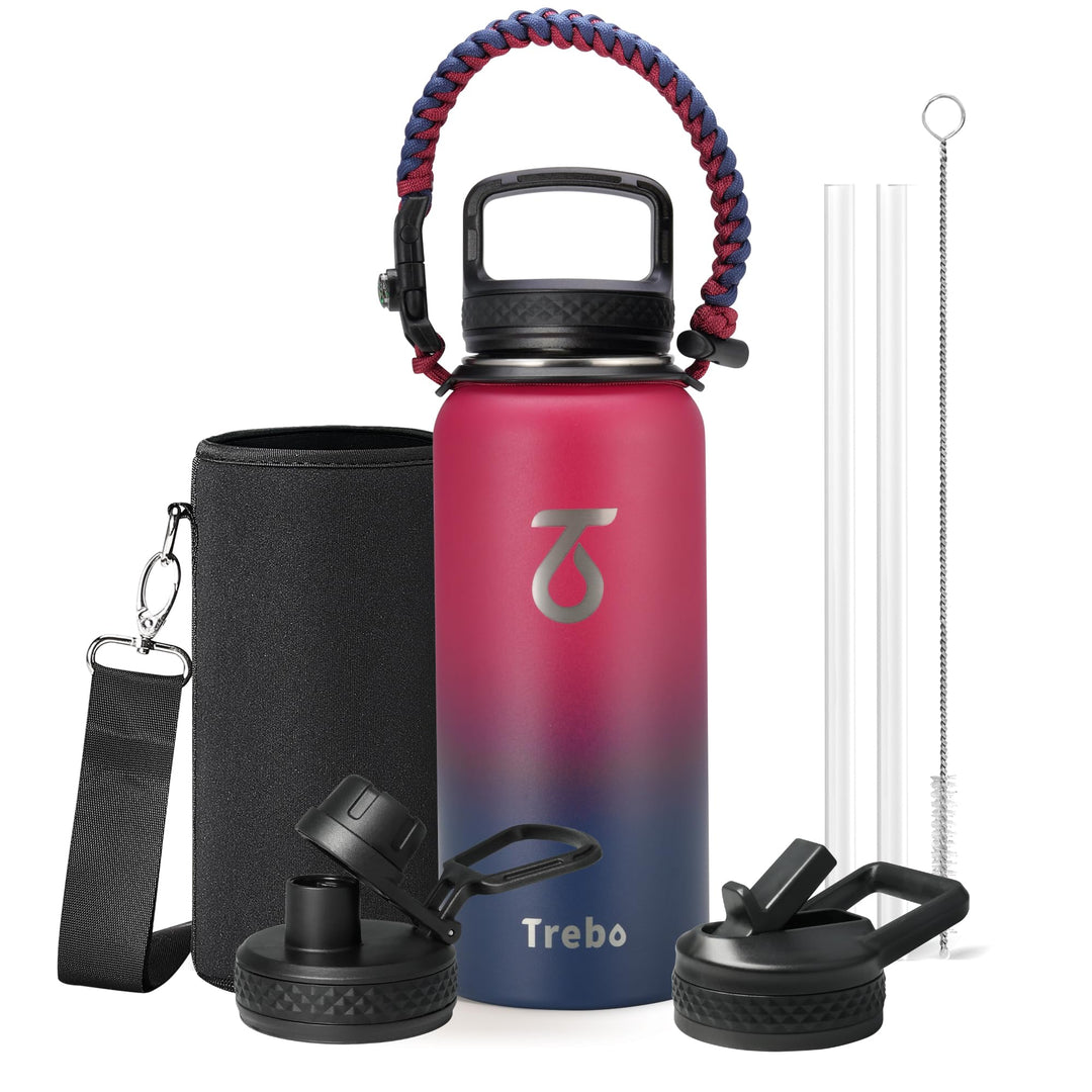 Trebo 946 ml Edelstahl Trinkflasche Isoliert mit Paracord-Griff &amp; 3 Deckeln | Metall Wasserflasche m