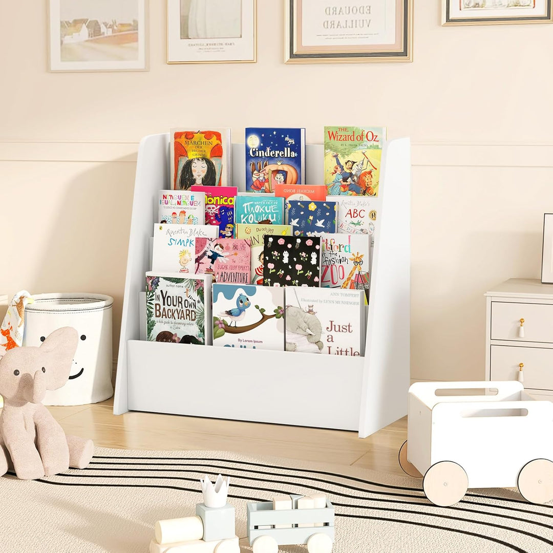 GOPLUS Bücherregal Kinder, Montessori Kinderregal mit 4 Ablagefächern, Kinderbücherregal Büchergeste