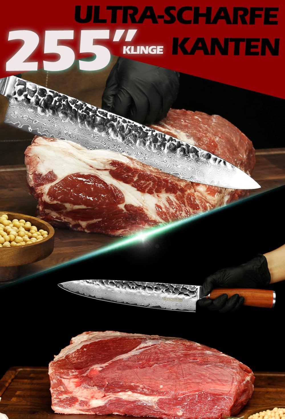 YOUSUNLONG Kochmesser 10 Zoll Pro Gyuto Japanischer Griff aus gehämmertem Damaststahl aus natürliche