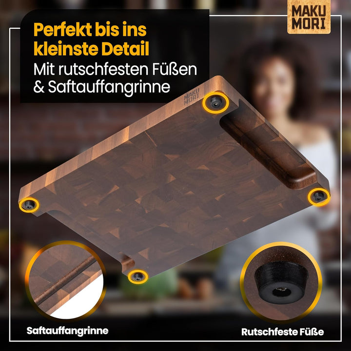 Premium Schneidebrett aus Massivholz, Stirnholz, End Grain 40x29x3cm - Aus karbonisiertem Akazienhol