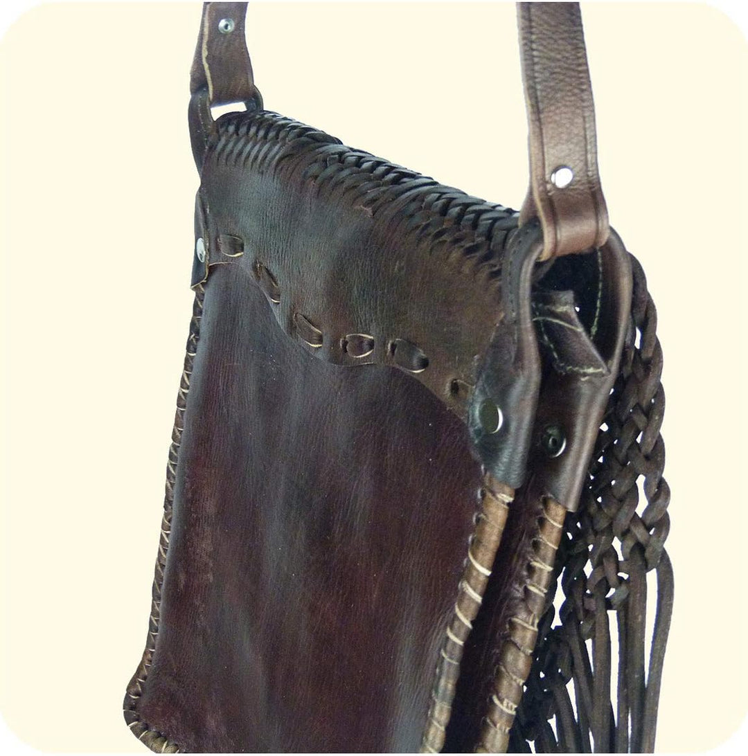 Simandra Leder-Tasche „Indian“ 30x25cm braun • marokkanische Umhängetasche mit Fransen in Flecht-Opt