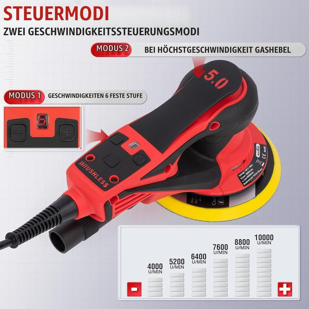 Autolock Bürstenloser Exzenterschleifer mit 125mm/150mm Schleifteller, 350W Exenterschleifmaschine,