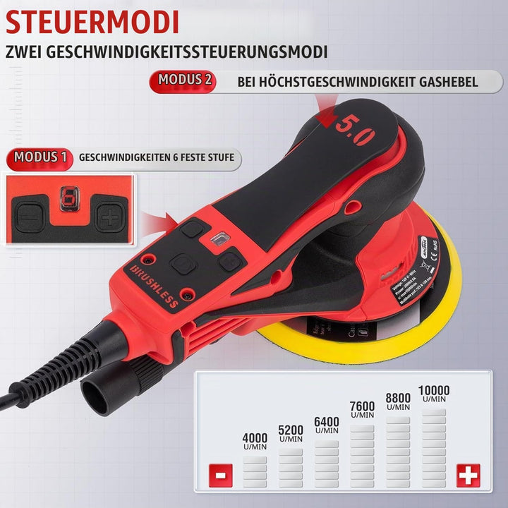 Autolock Bürstenloser Exzenterschleifer mit 125mm/150mm Schleifteller, 350W Exenterschleifmaschine,