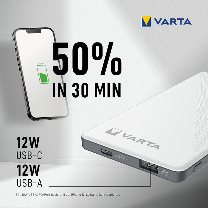 VARTA Power Bank 5000mAh, Powerbank Energy mit 2 Anschlüssen (1x USB C, 1x USB A), kompatibel mit Ta