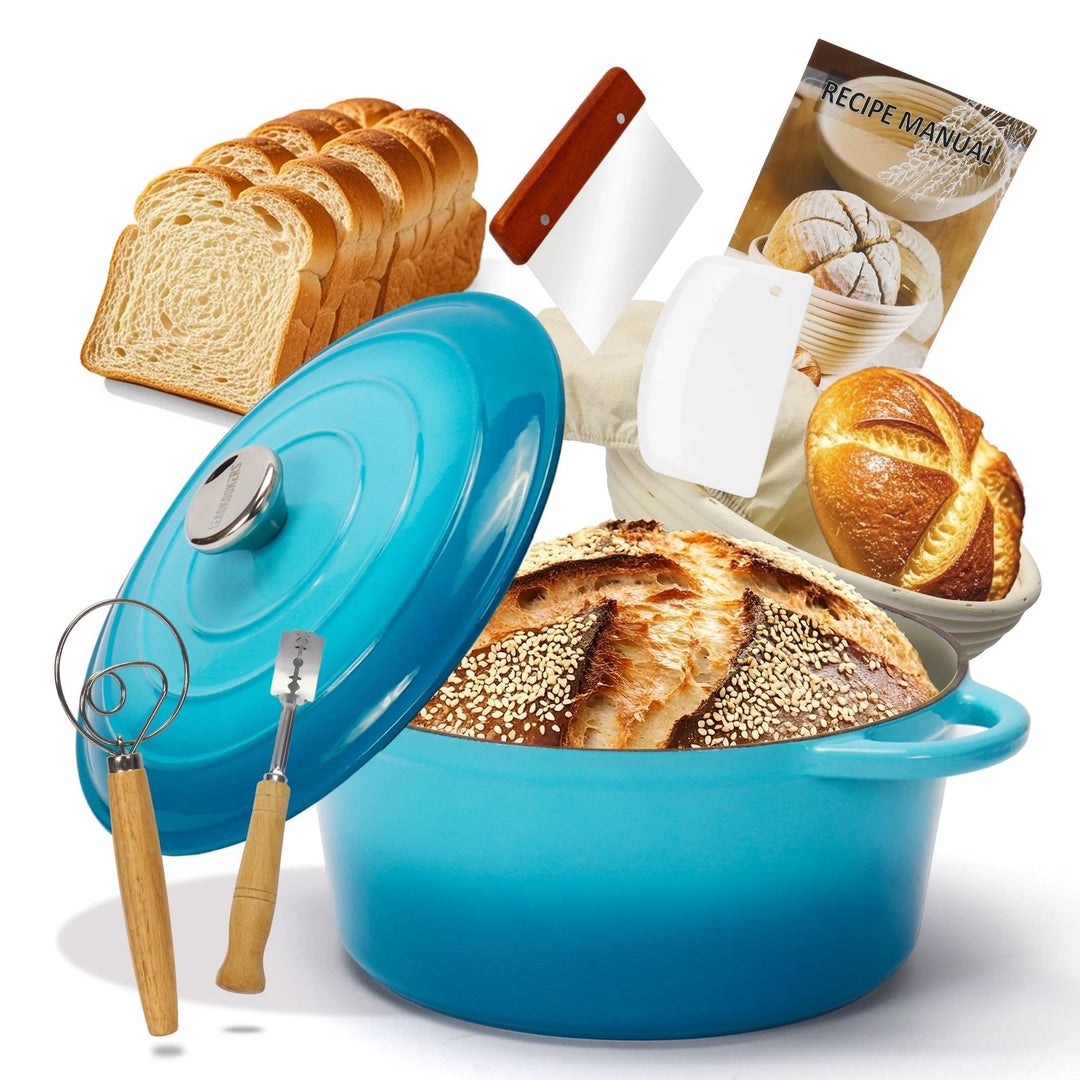 Gusseisen Topf Brot Backen inkl. Gärkorb, 26cm Emaille Bräter mit Deckel Schmortopf Gusseisen, Brot