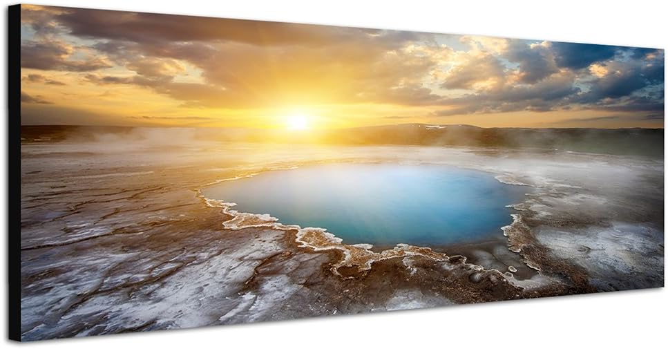 Paul Sinus Art Panoramabild auf Leinwand und Keilrahmen 150x50cm Island Heissquelle Wolken Sonnenunt
