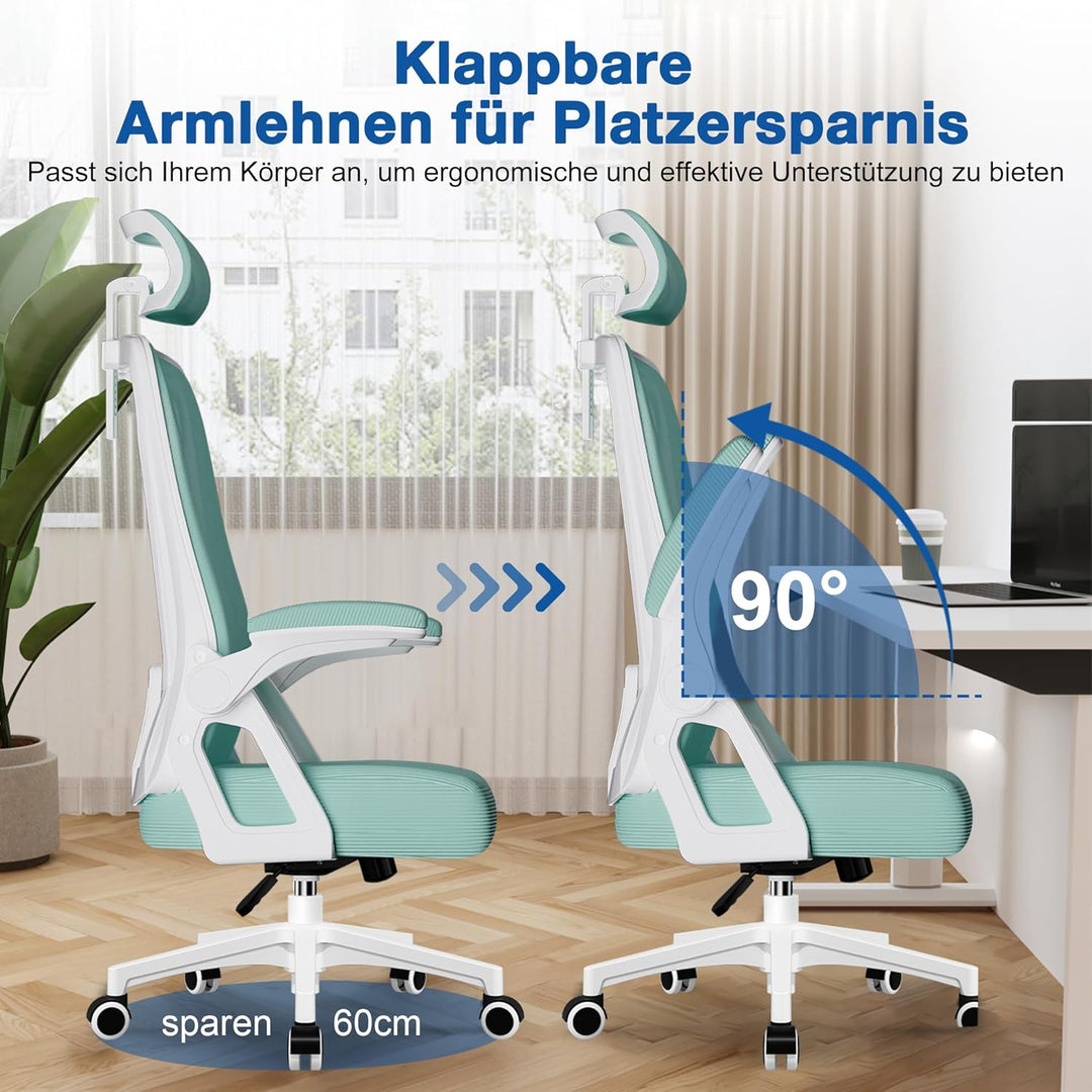 Bürostuhl, Bürostuhl Ergonomisch mit Verstellbarer Kopfstütze, Armlehnen, Lendenwirbelstütze, Schrei