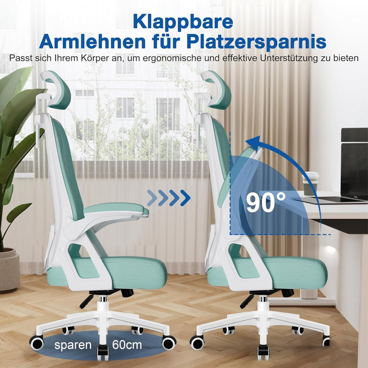 Bürostuhl, Bürostuhl Ergonomisch mit Verstellbarer Kopfstütze, Armlehnen, Lendenwirbelstütze, Schrei