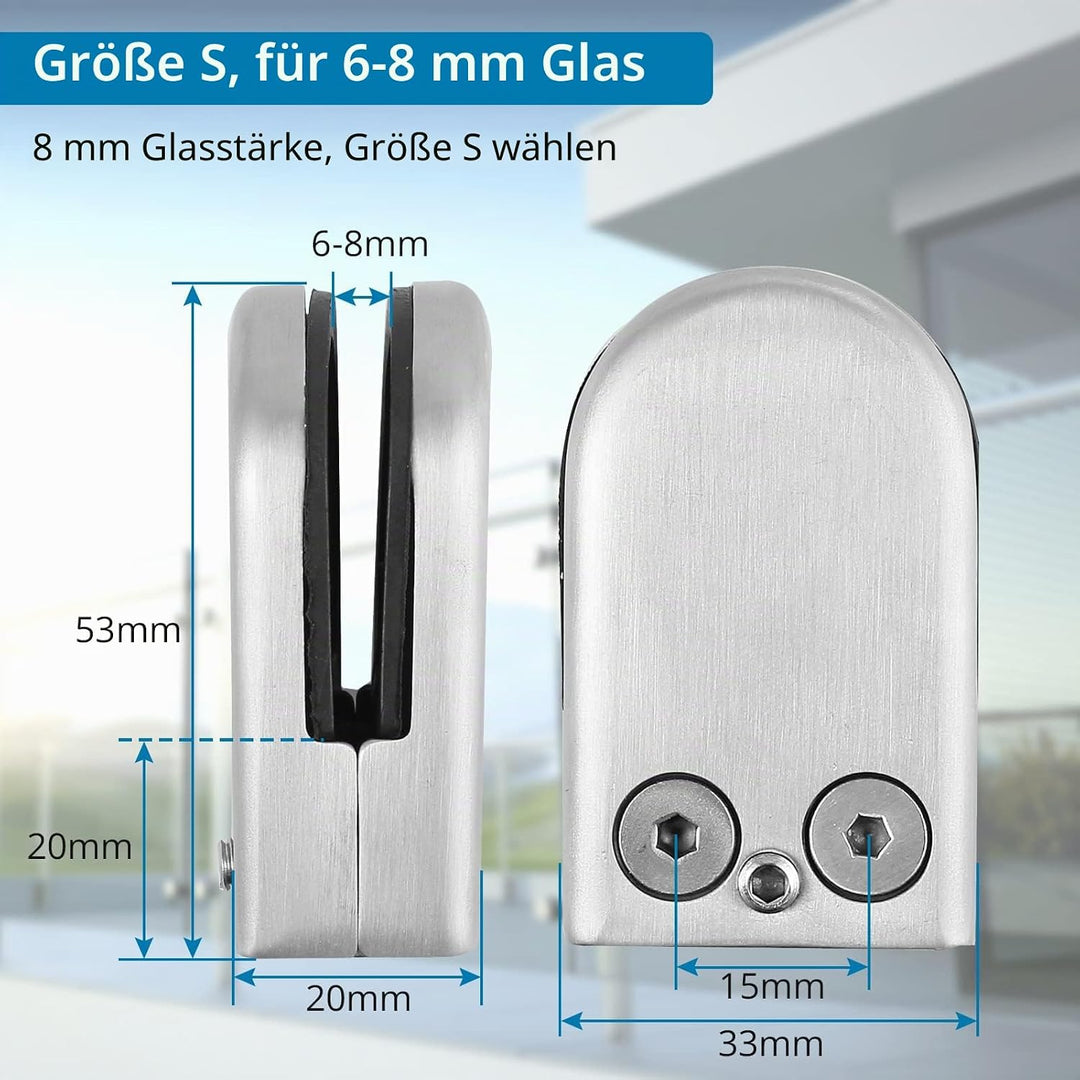 AUTOUTLET 8X Glashalter Set, Edelstahl Klemmhalter Glasclip Runder BodenGlasklemme 6-8mm, Verstellba