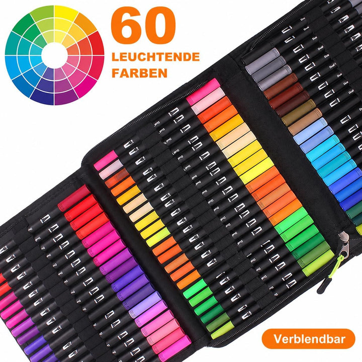Lyuvie Filzstifte Set, 60 Farben Pinselstifte Aquarell Brush Pen Set für Kinder, 2 mm und 0,4 mm Pin