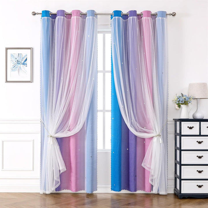 Freyamy Wohnzimmer Gardinen Blau Lila Rosa Glänzend Sterne Vorhänge Halbtransparent 130x100 (HxB) Ös