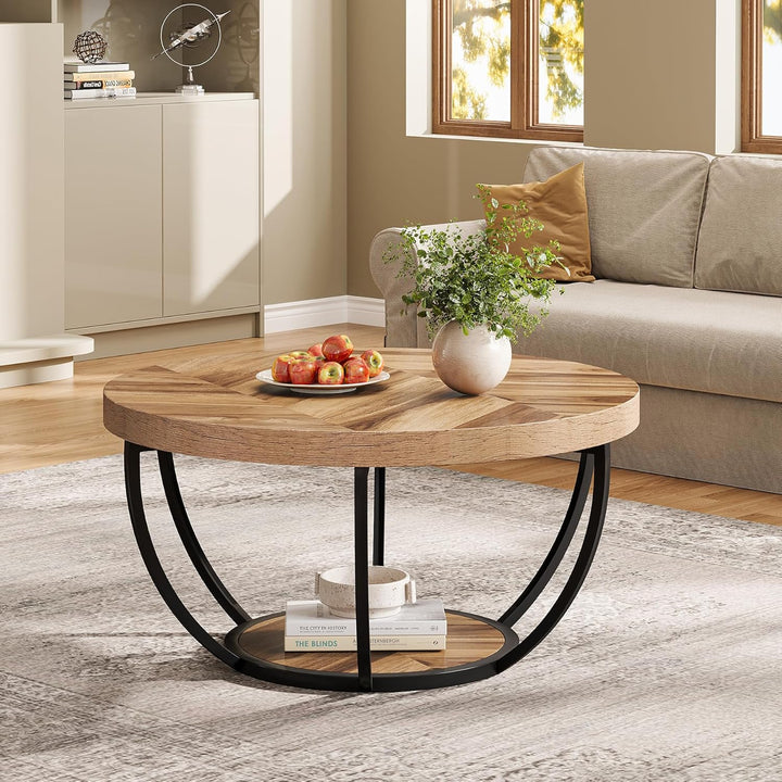Tribesigns Runde Couchtisch, Industrial 2-Tier-Kreis Couchtisch mit Lagerung Regale, Moderne hölzern