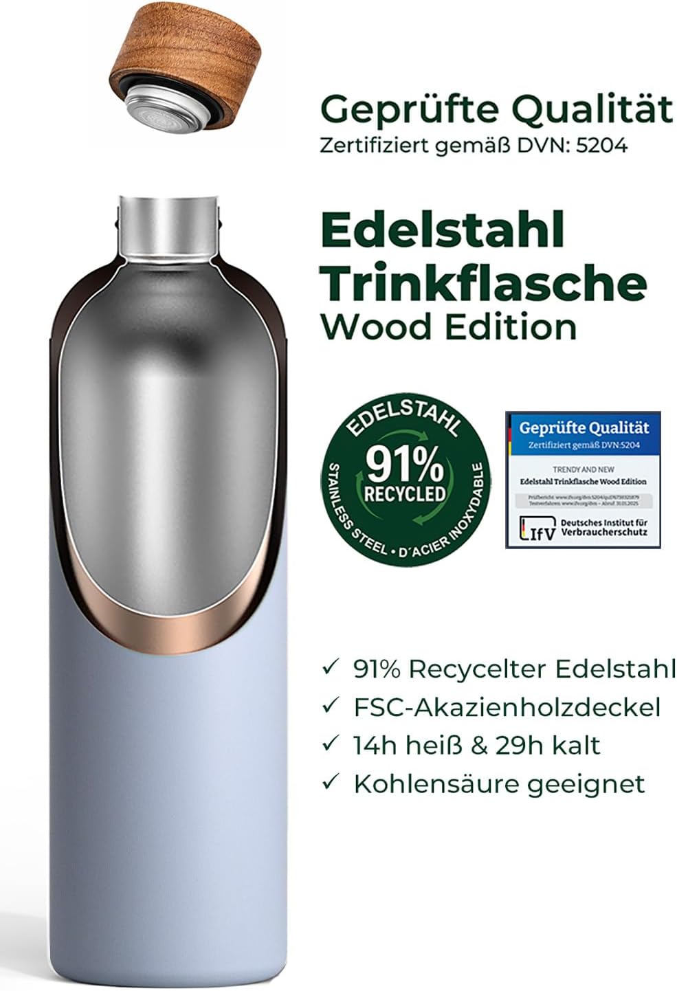 T&amp;N Edelstahl Trinkflasche 1 Liter, Thermosflasche 1l mit Akazienholz Deckel, Isolierte Wasserflasch